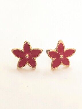 Vintage Gold Tone Red Flower Floral Holiday Whimsy Cottage Post Earrings